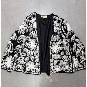Anii By Natural Women XL Black White Embroidered Soutache Open Front Jacket Boho